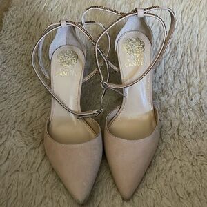 Vince Camuto taupe ankle wrap heels,suede